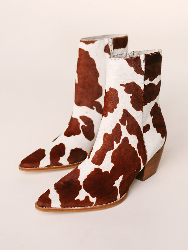 Caty Brown Cow Spot Cowhair Booties-Sale
