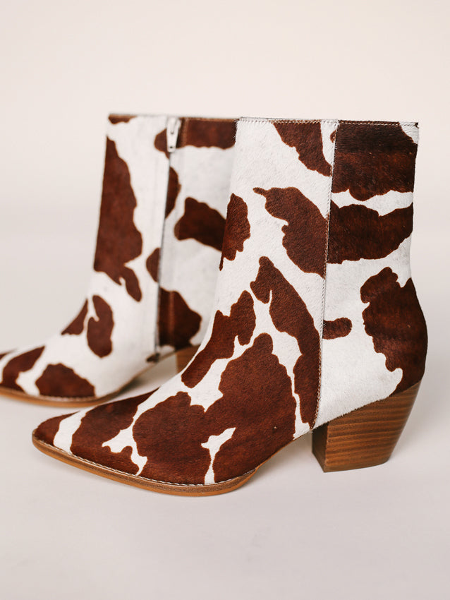Caty Brown Cow Spot Cowhair Booties-Sale